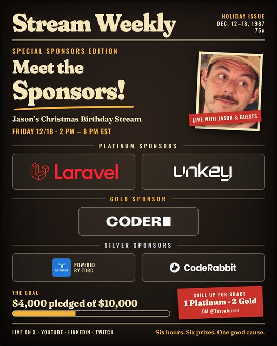 Stream Weekly cover announcing the sponsors: Laravel and Unkey at Platinum, Coder at Gold, Randstad powered by Torc and CodeRabbit at Silver